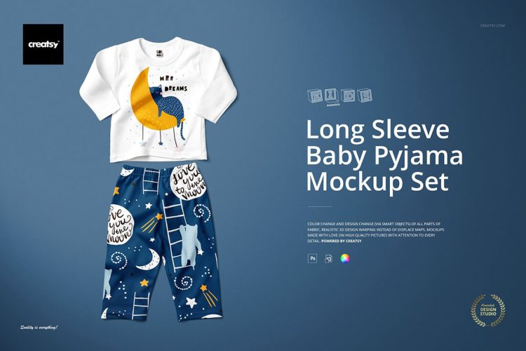 Baby Long Sleeve Pyjama Mockup Set 婴儿宝宝儿童长袖睡衣童装穿搭空白贴图ps样机素材国外设计模板