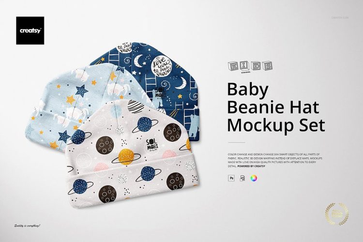 Baby Beanie Hat (0-3m) Mockup Set 婴儿宝宝保暖毛线帽冷帽印花图案空白贴图ps样机素材国外设计模板