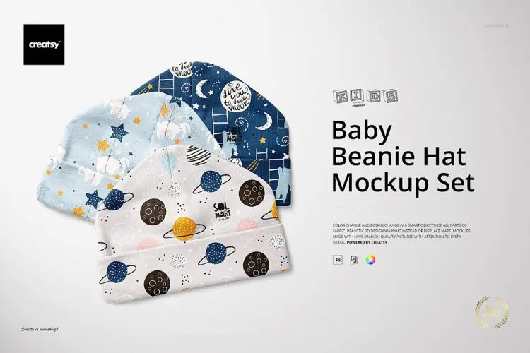 Baby Beanie Hat (0-3m) Mockup Set 婴儿宝宝保暖毛线帽冷帽印花图案空白贴图ps样机素材国外设计模板