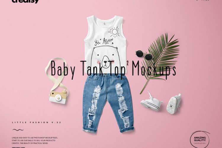 Baby Tank Top 2 Mockup Set 儿童夏季T恤背心服饰搭配样机俯视效果展示样机智能贴图psd模版