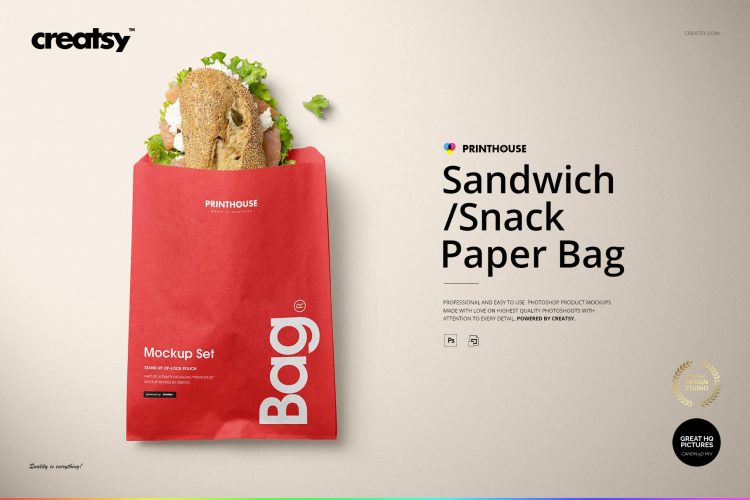 Sandwich Snack Paper Bag Mockup Set 三明治汉堡外卖小吃零食包装袋空白贴图ps样机素材国外设计模板