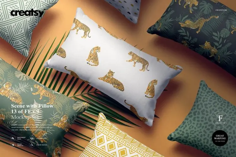 Scene with Pillows Mockup (13/FFv.9) 长方形靠垫枕头靠枕抱枕腰靠空白贴图ps样机素材国外设计模板