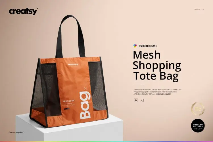 Mesh Shopping Tote Bag Mockup Set 网格尼龙拎袋购物袋手提袋logo空白贴图ps样机素材国外设计模板
