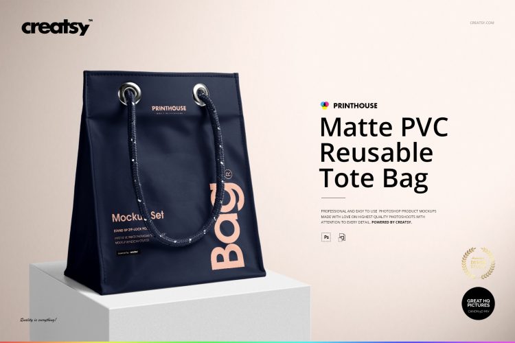 Matte PVC Reusable Tote Bag Mockups 哑光尼龙手提袋环保袋拎袋空白贴图ps样机素材国外设计模板