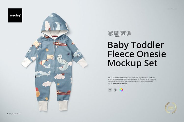 Baby Toddler Fleece Onesie Mockups 宝宝儿童摇粒绒连体服童装空白贴图ps样机素材国外设计模板