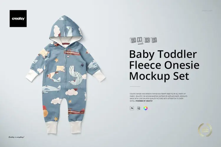 Baby Toddler Fleece Onesie Mockups 宝宝儿童摇粒绒连体服童装空白贴图ps样机素材国外设计模板