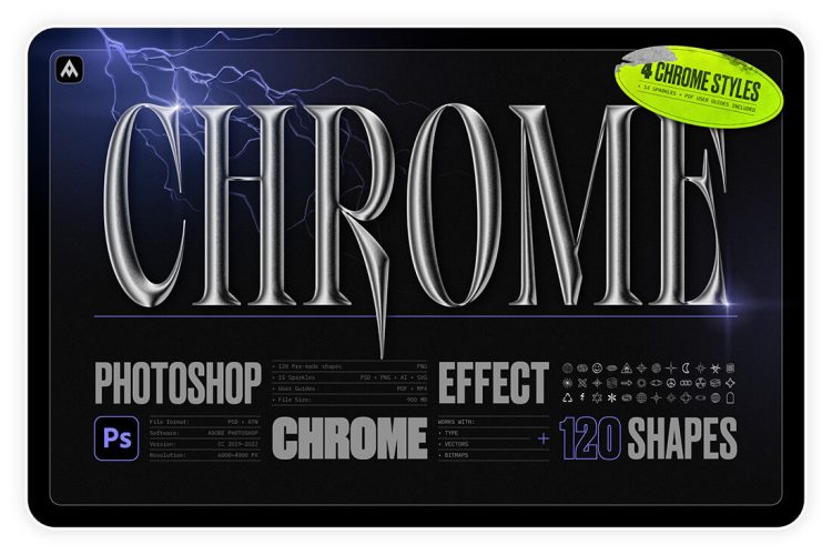 Chrome 3D Photoshop Effect + Shapes 潮流科幻3D立体磨砂哑光不锈钢金属字几何图形特效ps样机素材模版