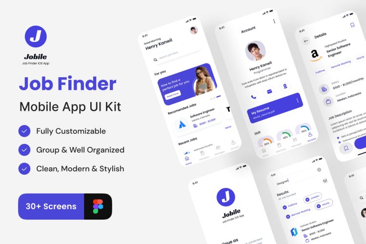 Jobile – Job Finder App Ui Kit 30多屏求职应聘招聘找工作app界面设计蓝色ui套件模板