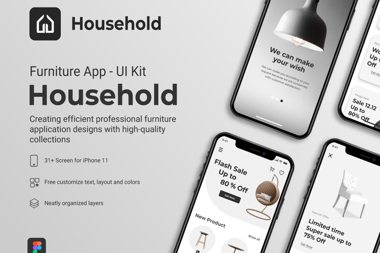 Household – Furniture Application Mobile UI Kit 31屏在线购物家具超市电商app界面设计明暗ui套件模板