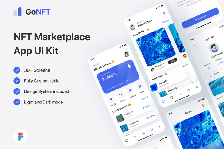 GoNFT – NFT Marketplace Mobile App 30屏NTF金融市场数字加密货币区块链iOS手机用户界面app设计明暗模板