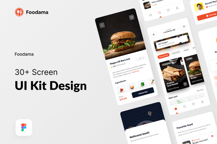 Foodama – Food Delivery UI KIT 30屏美食外卖app界面设计移动订餐配送手机ui素材Figma全套模板