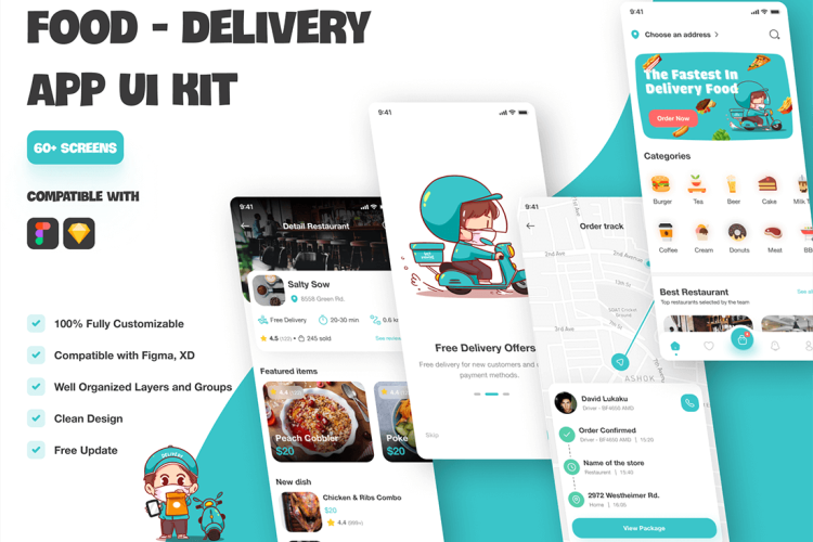 Food Delivery Mobile App UI Kit 送餐移动应用程序 UI 套件用 Figma、XD 和 Sketch 制作的送餐应用程序