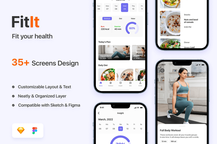 FitIt – Fitness App UI Kit 健身应用程序 UI 套件Sketch 和 Figma iOS 用户界面工具包