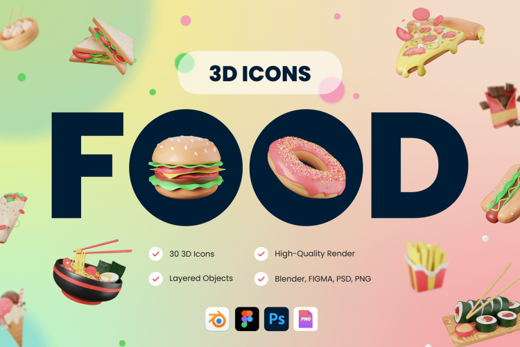 30 3D Food & Meals Icons Illustration 30款3D立体趣味餐厅美食披萨汉堡快餐蔬菜ps卡通插图插画设计素材