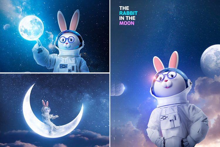 The Rabbit in the Moon 17款卡通月兔宇航员月球宇宙兔子中秋节主视觉海报设计ps分层素材