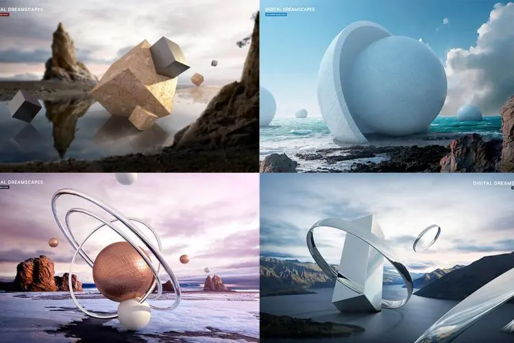 17 Psd Digital Dreamscapes 17款未来科幻3D立体金属几何梦幻场景ps主视觉海报设计分层素材