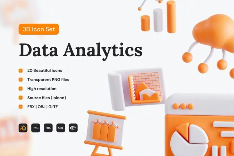 Data Analytics 3D Icon Set 20款3D立体可视化数据分析图表插图插画icon图标webp免抠图片素材