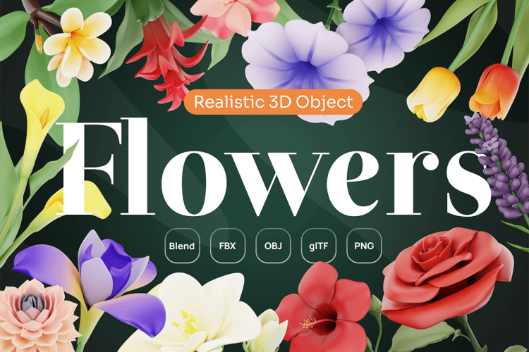 Flowy – Flowers 3D Icon Set 20款时尚3D玫瑰向日葵樱花植物花卉插图插画png免抠图片设计素材