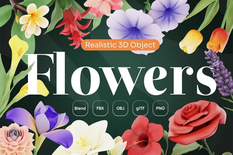 Flowy – Flowers 3D Icon Set 20款时尚3D玫瑰向日葵樱花植物花卉插图插画webp免抠图片设计素材