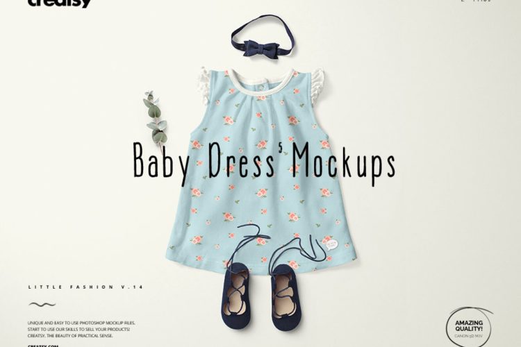 Baby Dress Mockup Set 5 婴幼儿童装宝宝穿搭连衣裙洋装印花贴图ps样机素材国外设计模板