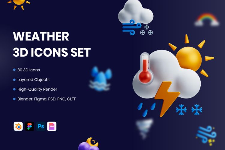 3D Weather Icon Set 30款卡通趣味天气预报气候3D插画插图图标Icons设计素材包