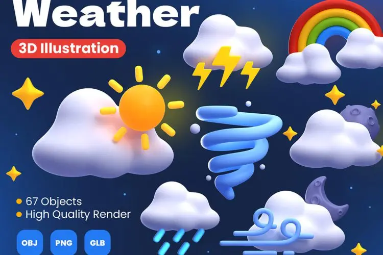 Weather 3D Illustrations 67款趣味3D卡通立体天气预报插图插画webp免抠icon图标设计素材