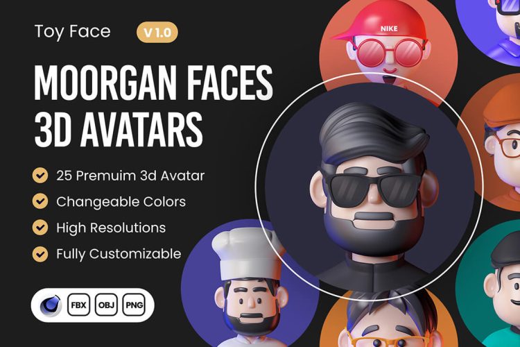 Moorgan 3D Avatar (v1.0) 25款高级有趣3D卡通摩尔根头型头像插画插图图标Icons设计素材包