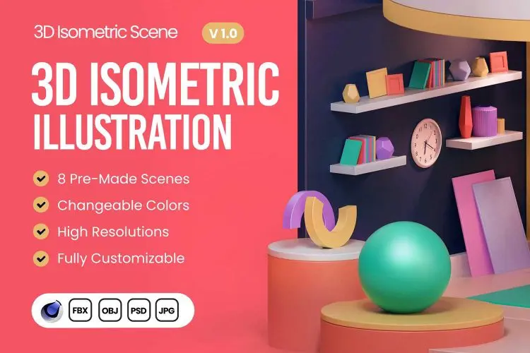 Moorgan 3D Isometric Scenes (v1.0) 8款3D立体卡通时尚居家客厅厨房工作室等距插图插画ps设计素材