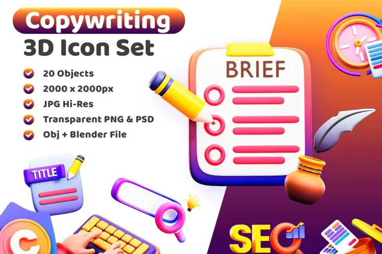 3d Copywriting Icon 20款文案书写编辑写作3D图标icon素材webp免抠图国外设计素材