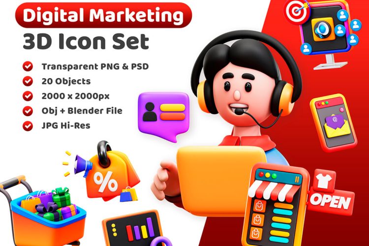3d Digital Marketing Icon 20个市场电商购物数字营销演示3D图标icon素材png免抠图国外设计素材