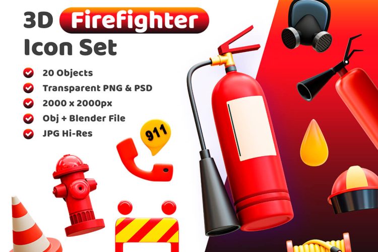 3d Firefighter Icon 20个消防局救火设备3D图标icon素材png免抠图国外设计素材