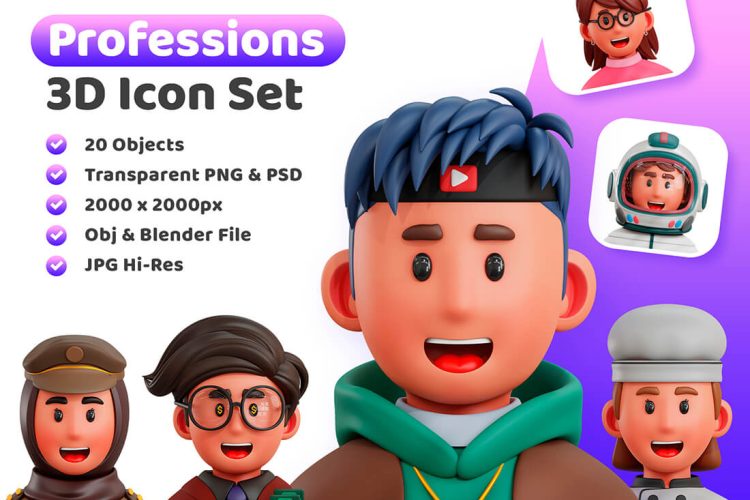 3d Professions Icon 20款趣味时尚3D立体卡通人物头像插图插画png免抠图片设计素材