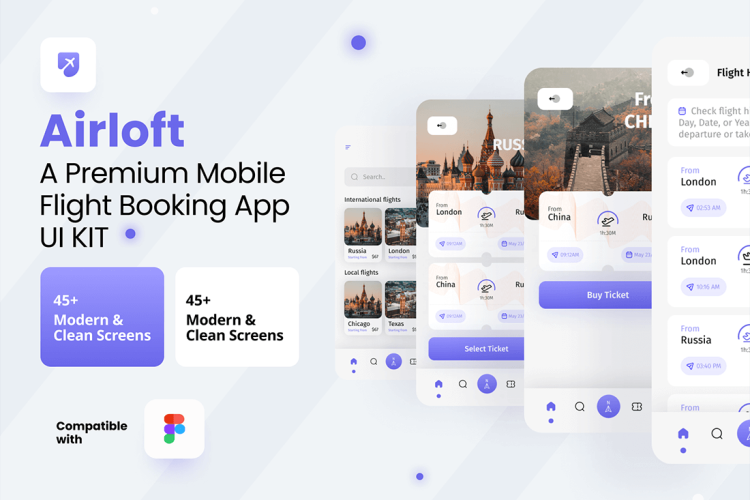 Airloft – A Premium Flights Booking Mobile App UI Kit 45屏高级航班预订移动应用程序 UI 套件