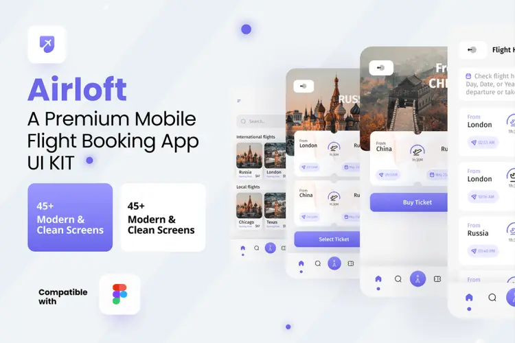 Airloft – A Premium Flights Booking Mobile App UI Kit 45屏高级航班预订移动应用程序 UI 套件