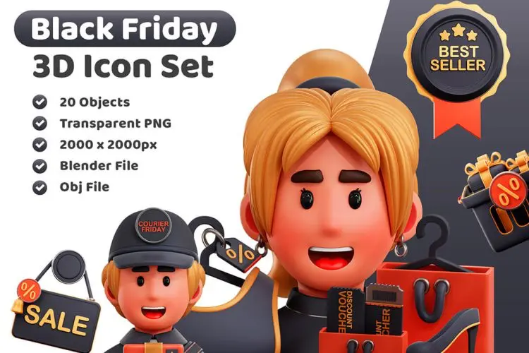Black Friday 3D Icon 20款黑色星期五电商打折促销优惠活动3D图标icon素材webp免抠图文件