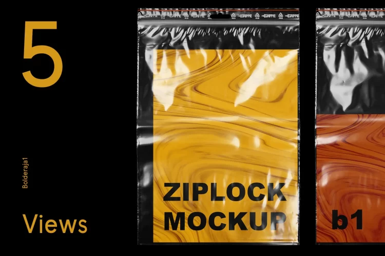 ZipLock Bag Mockup 5款逼真自封塑料袋褶皱透明塑封袋背景图片设计ps模板素材