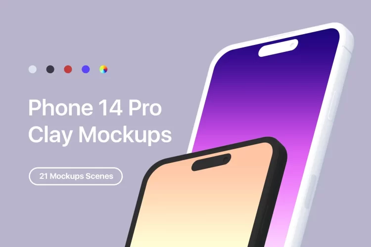 iPhone 14 Pro – 21 Clay Mockups 21款iPhone 14 Pro苹果手机单色白膜App界面ui设计作品贴图ps样机