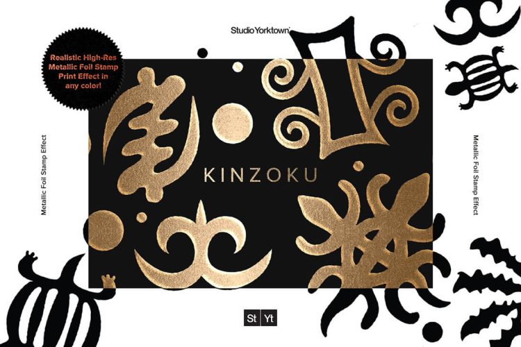 Kinzoku – Metallic Foil Stamp Effect logo图案金属烫金UV烫银光泽特殊印刷工艺ps特效样机素材国外设计模板