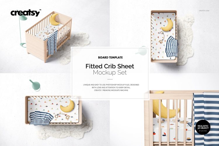 Fitted Crib Sheet + Adds Mockup Set 北欧极简实木原木婴儿床家纺印花图案设计贴图ps样机国外设计素材