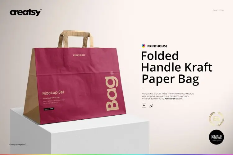 Folded Handle Kraft Paper Bag Mockup 牛皮纸购物袋拎袋手提袋logo空白贴图ps样机素材国外设计模板
