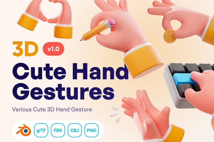 Handflufy – Cute 3D Hand Gesture 20款趣味卡通3D立体手指手势动作插图插画png免抠图片设计素材