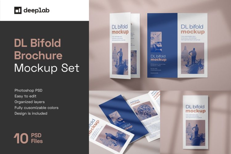 DL Bifold Brochure Mockup Set 竖版对折页手册菜单请柬邀请函单页设计贴图ps样机素材图片下载