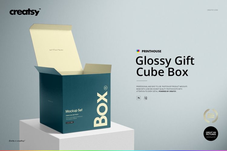 Glossy Gift Square Box Mockup Set 正方形纸盒飞机盒包装盒打包盒空白贴图ps样机素材国外设计模板