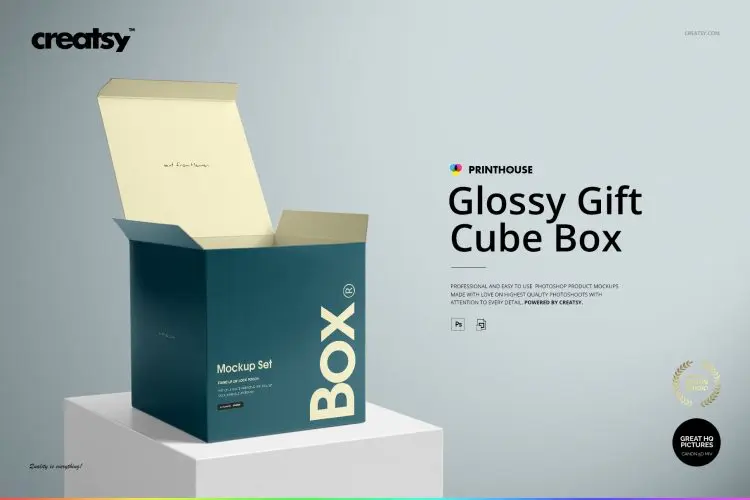 Glossy Gift Square Box Mockup Set 正方形纸盒飞机盒包装盒打包盒空白贴图ps样机素材国外设计模板