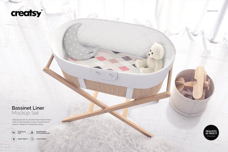 Bassinet Liner Mockup Set 宝宝婴儿床原木摇篮床垫家纺印花图案设计贴图ps样机素材国外设计模板