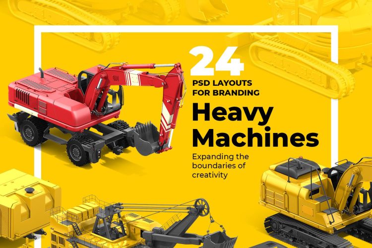 PSD Heavy Machines Mockup 360 PRO #03 24款3D立体等距重型机械挖掘机改色建筑工程机械ps样机素材模型