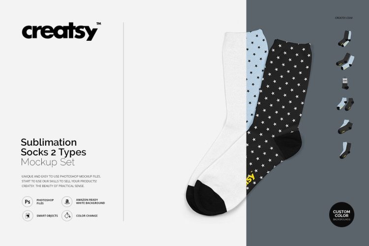 Sublimation Socks 2 Types Mockup Set 棉质袜子棉袜潮袜中筒袜印花空白贴图模特展示ps样机素材国外设计模板