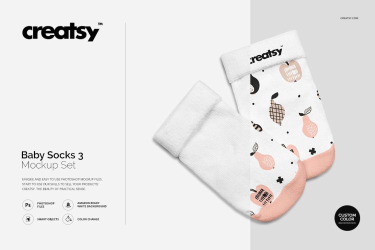 Baby Socks 3 Mockup Set 婴儿宝宝保暖袜子短袜印花图案设计贴图ps样机素材展示效果模板3