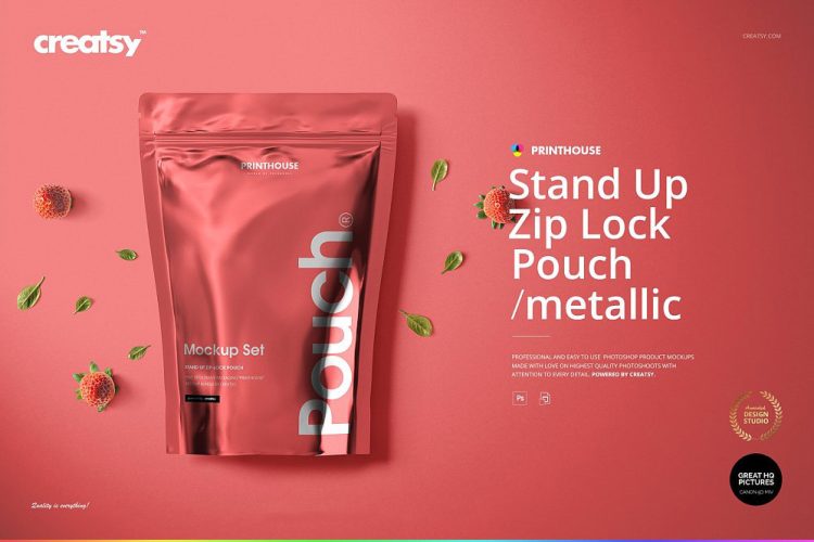 Stand Up Pouch (metallic) Mockup Set 铝箔自立袋自封袋食品包装袋设计作品贴图ps样机素材展示效果模板