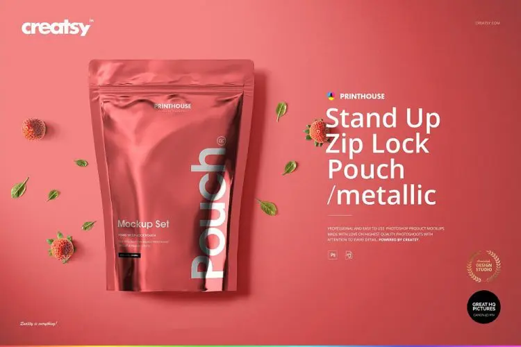 Stand Up Pouch (metallic) Mockup Set 铝箔自立袋自封袋食品包装袋设计作品贴图ps样机素材展示效果模板